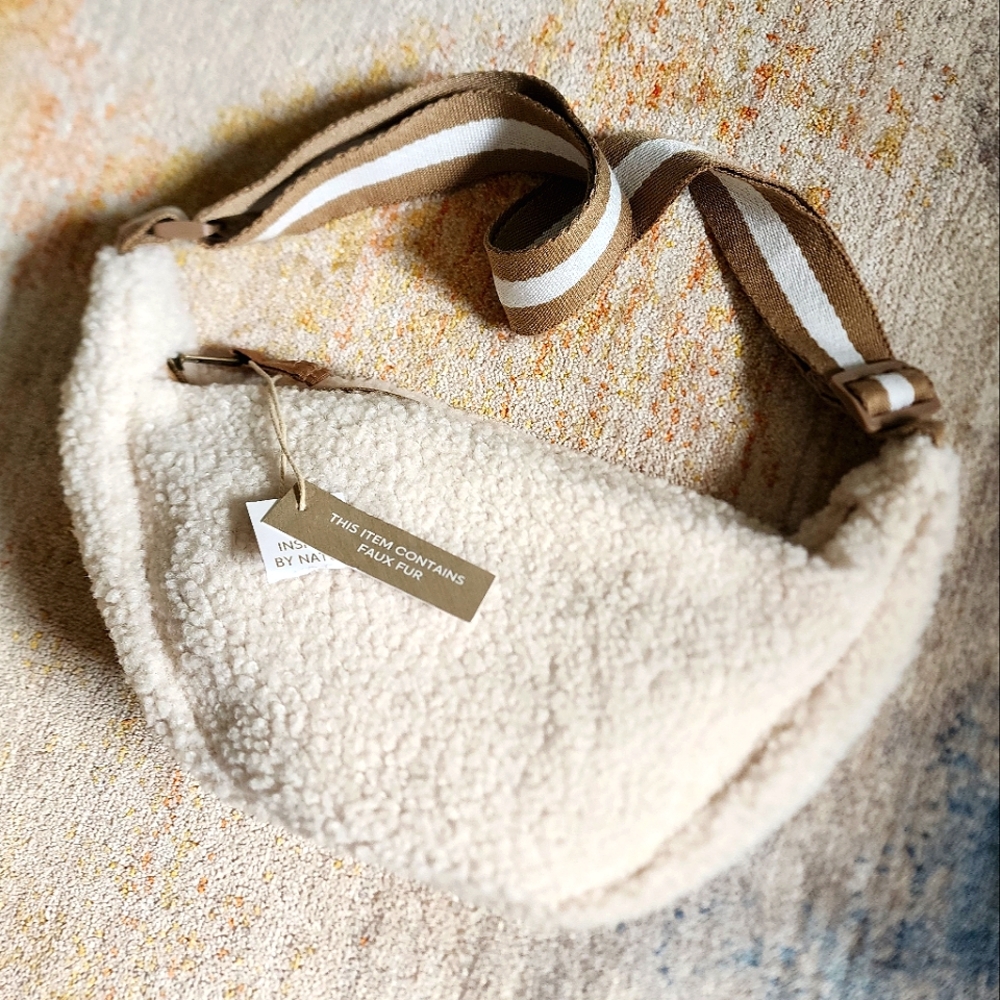 Natural Reflections Cream Sherpa Mini Crossbody Bag with Brown Striped Strap